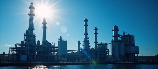 Naklejka premium Double exposure design featuring petroleum engineering elements with blue and sunlit tones