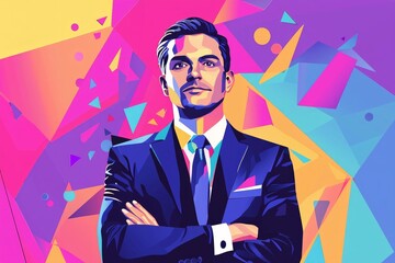 A successful businessman portrait, vector illustration, colorful geometric shapes 