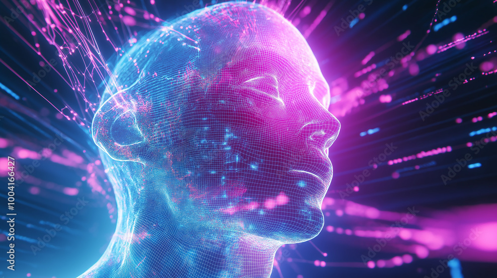 Poster Futuristic abstract background in a high-tech style. Shining lines and patterns resembling neural networks, connections, and digital circuits.