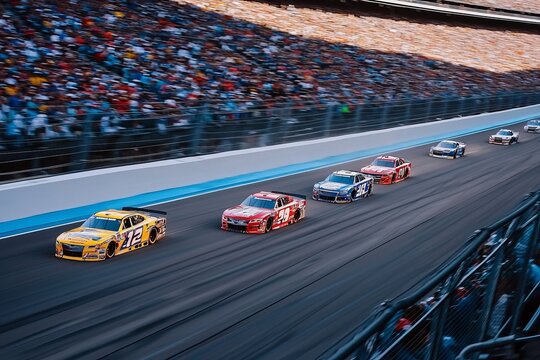 NASCAR cars racing at the historic Indianapolis Motor Speedway during the Indianapolis 400 with packed stands and iconic brick track in an aerial shot