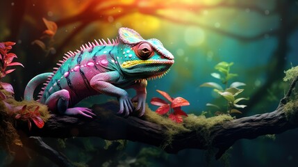 Fototapeta premium Vibrant Chameleon in Natural Habitat. Colorful Reptile on Tree Branch with Lush Forest Background