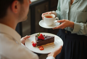 Delicious chocolate cake served with strawberries and tea