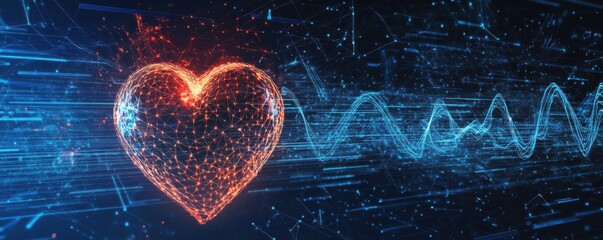 Digital illustration of a futuristic heart with glowing connections and dynamic data patterns in blue and red hues showcasing modern technology and innovation