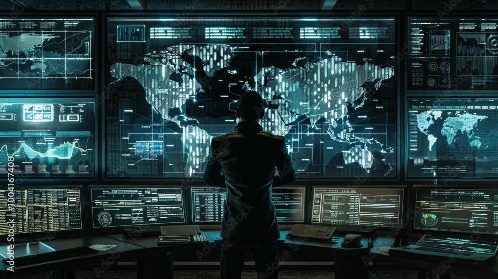Poster hacker in a dark room with digital displays