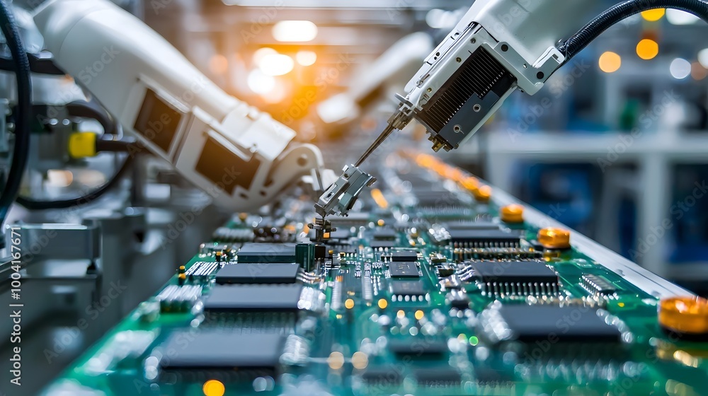 Poster robots assembling intricate circuit boards in an electronics manufacturing facility