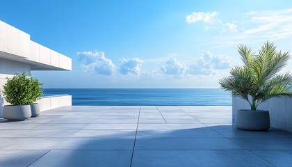 Empty Concrete Terrace with Scenic Ocean View Under Bright Blue Sky