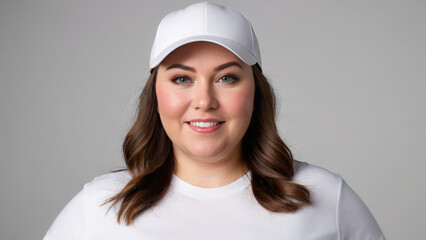 Plus size woman wearing white t-shirt and white baseball cap isolated on grey background