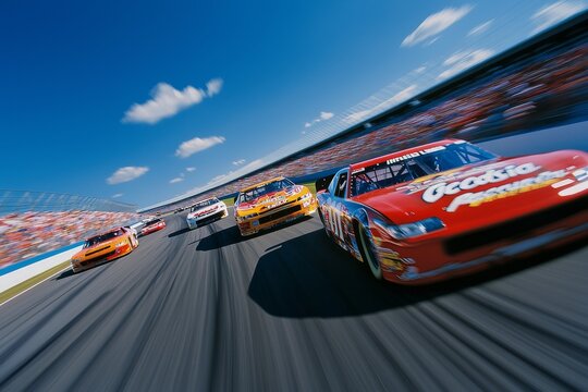 NASCAR race cars speeding through Talladega Superspeedway during the Geico 500 with wide-angle aerial view and intense motion blur