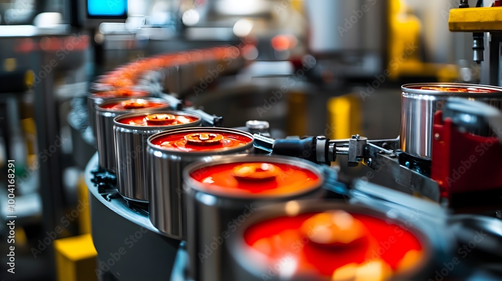 Poster high-speed automated food canning line with cans being filled and sealed efficiently