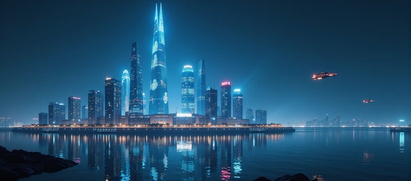 A digitally rendered sci-fi cityscape showcases a floated metropolis with sleek glowing modern structures and reflective waters amidst hovering vehicles