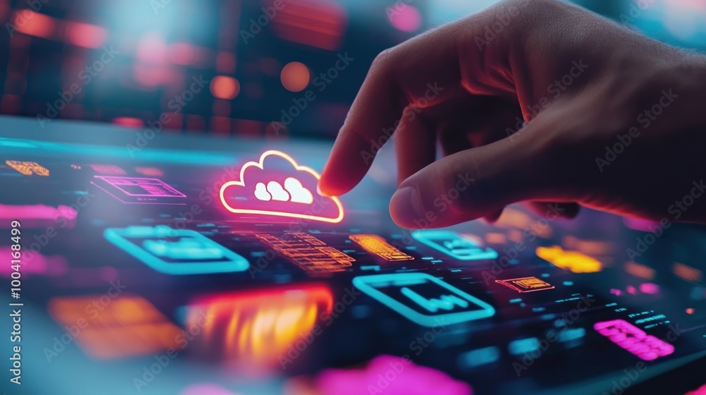 Poster a hand interacts with a digital touchscreen displaying cloud and data icons.