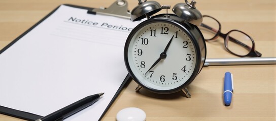 Desktop scene with notice period paper pen glasses and alarm clock emphasizing time management during notice periods