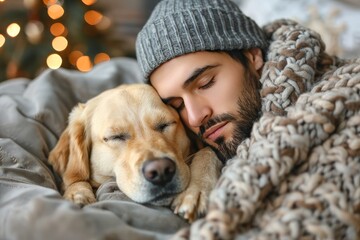 Cozy moment  young man and dog snuggling together in bed at home with room for text