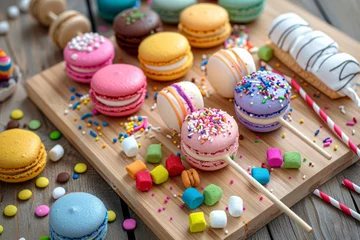 Gordijnen Colorful macarons on wooden board with candy © Ilia