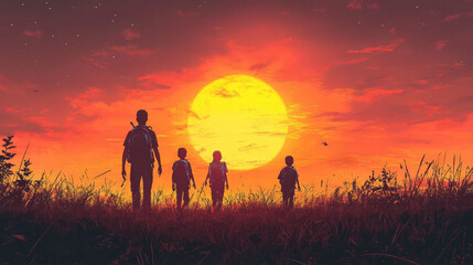 Four children walk through tall grass, silhouetted against a striking sunset, enjoying an adventure in nature&rsquo;s beauty