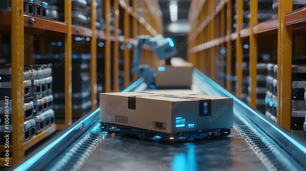 Aufkleber automated packaging robots sorting and boxing products in warehouse