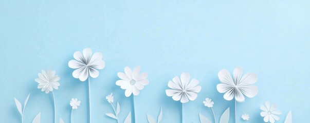 White paper flowers on a light blue background in a simple flat style, symbolizing tranquility and minimalism in a serene natural setting.