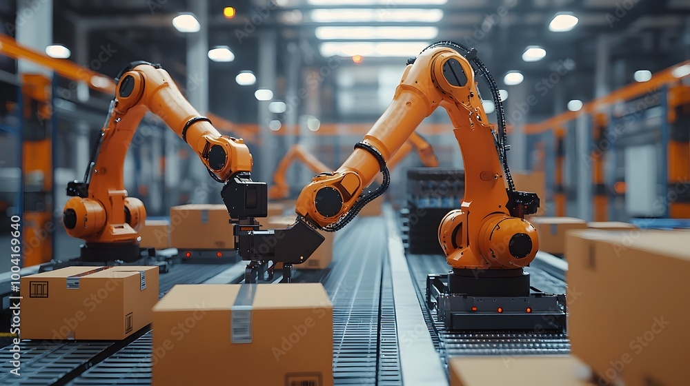 Aufkleber automated packaging robots sorting and boxing products in a warehouse