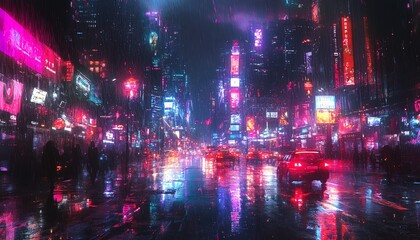 Fototapeta premium Cyberpunk city street, sky hidden by massive buildings, wet from condensation, neon lights reflecting off surfaces, futuristic vibe