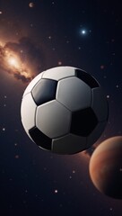 Floating soccer ball against starry backdrop Space