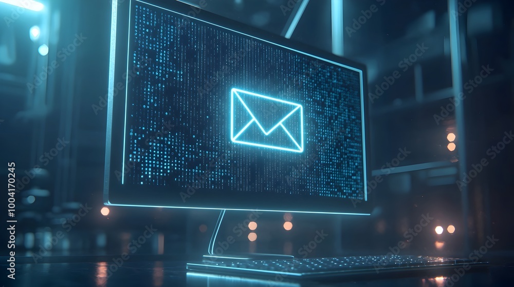 Aufkleber glowing email icon floating toward the viewer from desktop monitor with light beams