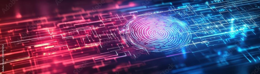 Poster Abstract biometric fingerprint with glowing lines, digital security layer, futuristic tech background, neon accents, cyberthemed, illustration