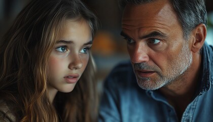 Dad reprimanding teenage daughter, intense facial expressions, daughter appearing frustrated, family argument, indoor environment