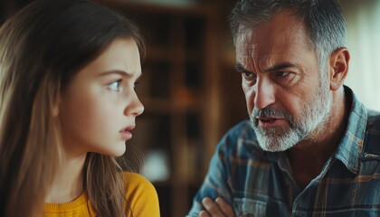 Fototapeta premium Dad reprimanding teenage daughter, intense facial expressions, daughter appearing frustrated, family argument, indoor environment
