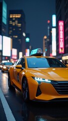 Futuristic yellow taxi amidst bustling cityscape and towering skyscrapers Transportation Concept