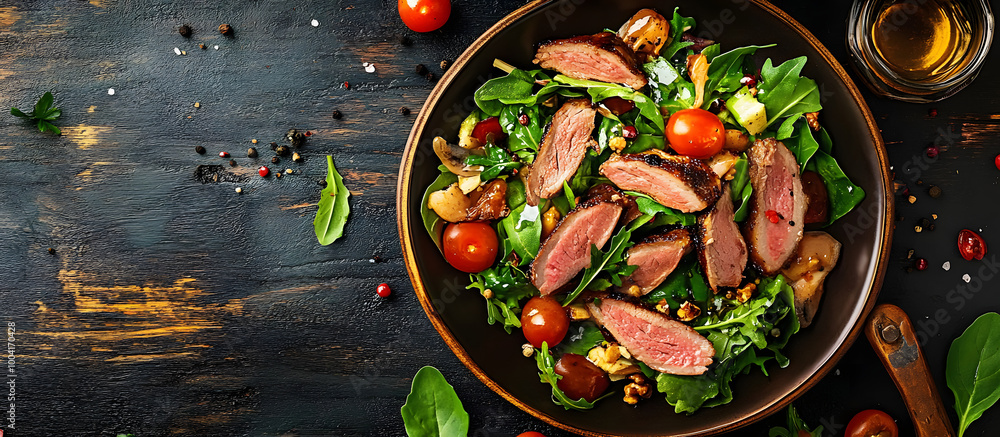 Poster smoked duck meat salad with natural fresh ingredients placed on a rustic table with a top view for a