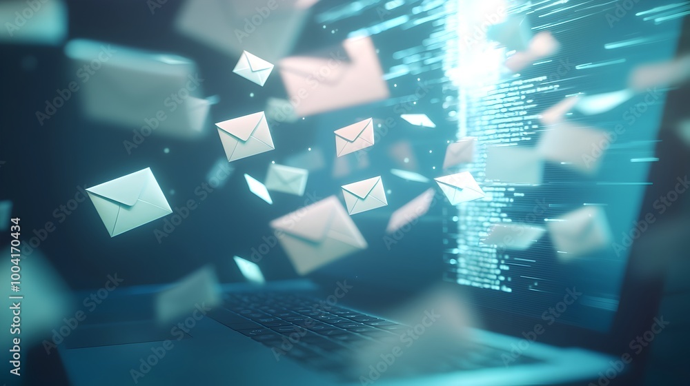 Poster multiple envelopes emerging from laptop screen symbolizing fast-paced digital communication