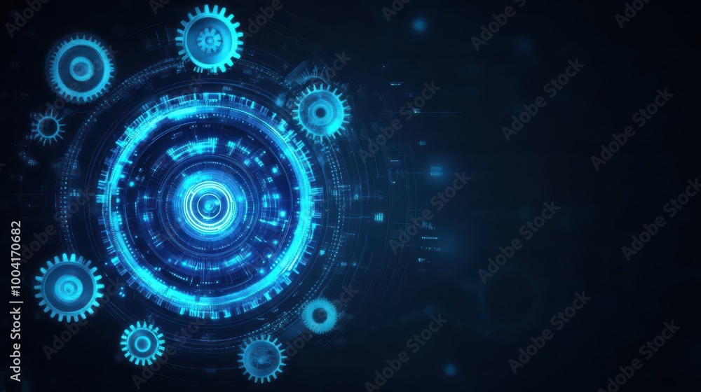 Poster abstract blue gears in a circular pattern, rotating motion, glowing digital lines, dark backdrop, hi