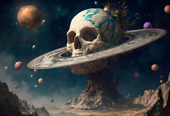 surreal skull surrounded by planets and ringed structure evokes sense of cosmic wonder