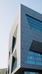 Obraz premium A photorealistic image showcases a sleek futuristic structure with sharp geometric lines