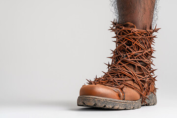 A unique brown boot entangled in vine of thorns, symbolizing struggle and resilience. intricate design showcases blend of nature and fashion, evoking strong emotions