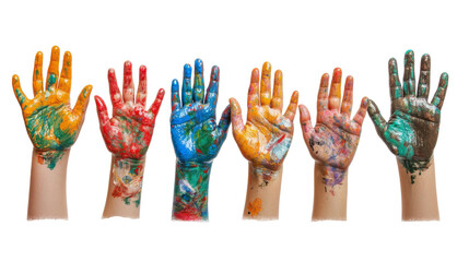 playful set of small painted hands of a child, with various colorful designs, isolated on a white background. cutout PNG file on a transparent background.