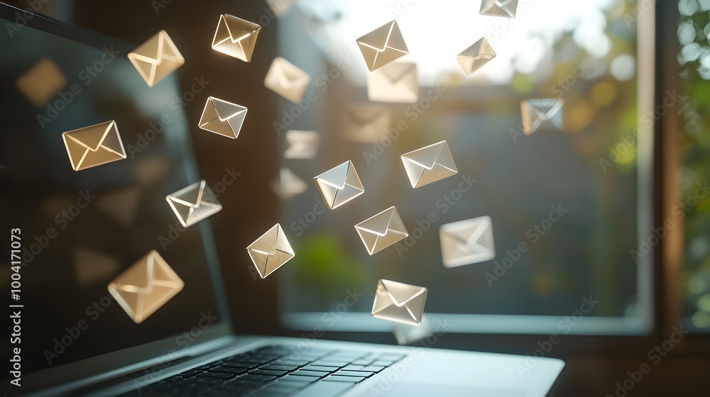 Poster minimalist stream of floating email icons from laptop screen symbolizing digital communication