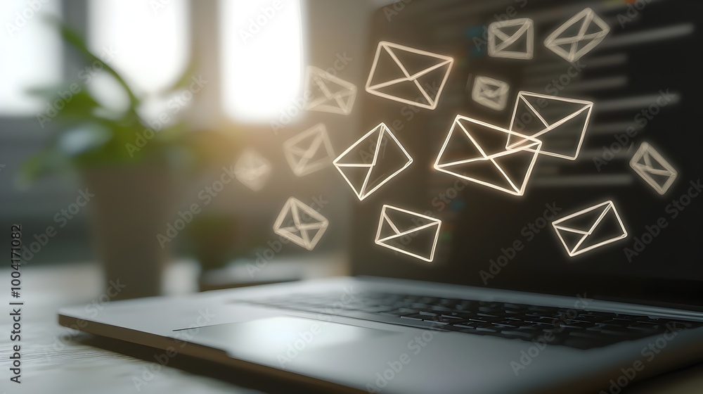Aufkleber minimalist floating email icons streaming from laptop screen symbolizing communication efficiency