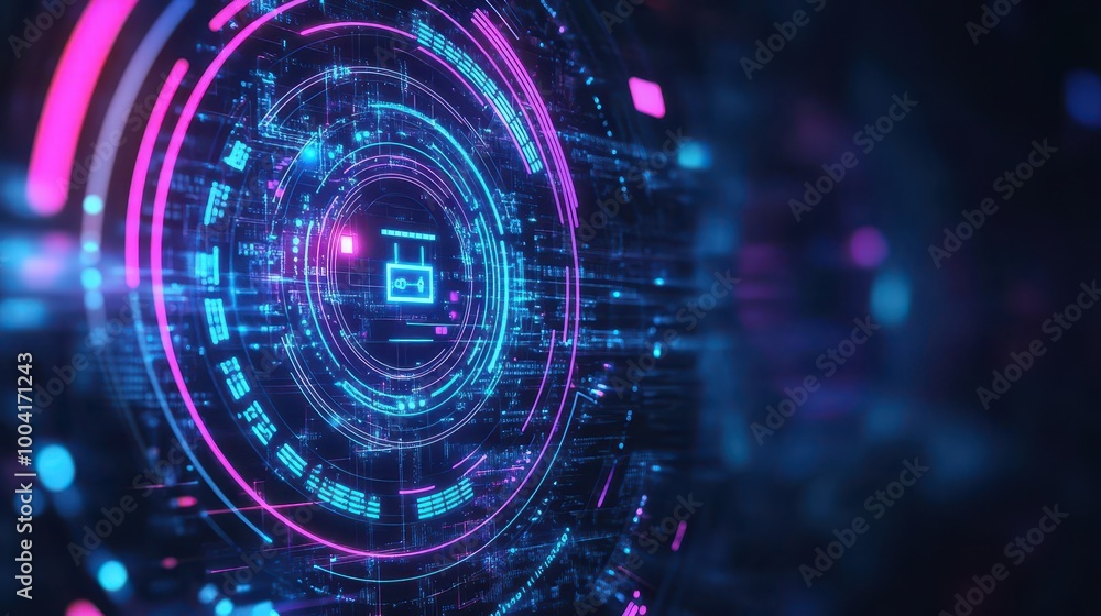 Poster Abstract circular security icons with neon glowing lines, dark futuristic backdrop, digital encryption theme, 3D rendering, cyber protection