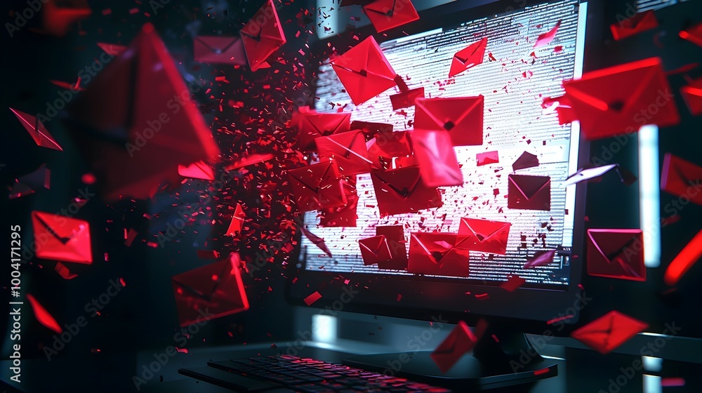Poster bursting digital emails streaming from computer monitor