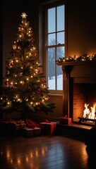 A cozy Christmas interior featuring a magical glowing Christmas tree crackling fireplace and presents arranged beneath the twinkling lights