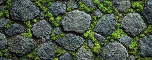 Moss-Covered Gray Stones, a serene landscape of textured stones enveloped in lush green moss, evoking a sense of tranquility and nature's beauty.