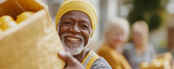 A charitable event where volunteers are distributing baskets full of food to those in need, with smiles and gratitude all around