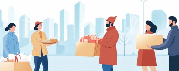 Volunteers distributing food and supplies to those in need, with the scene bustling with activity and warmth, embodying the spirit of philanthropy