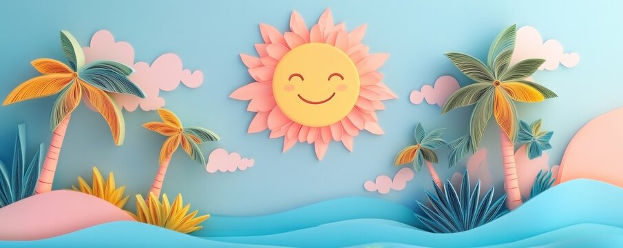 Whimsical paper quilling and kirigami landscape with a smiling sun, colorful clouds, and vibrant ocean waves