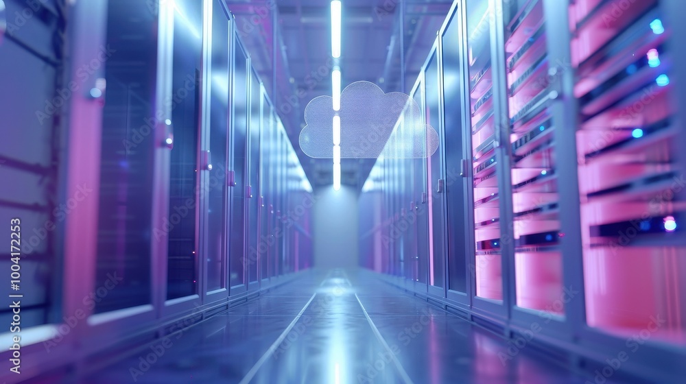Poster cloud storage in data center. backup, hosting, mainframe, farm and computer rack. 3d render