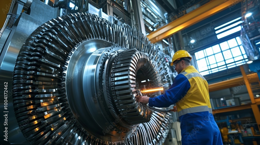 Poster Technician working on a large industrial turbine in a manufacturing facility during daylight hours