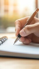 Close-up of a hand writing key objectives in a notebook, outlining a business plan