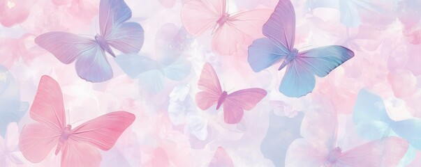 Delicate pink and lavender butterflies with soft pastel colors creating a dreamy floral background