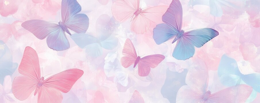 Delicate pink and lavender butterflies with soft pastel colors creating a dreamy floral background
